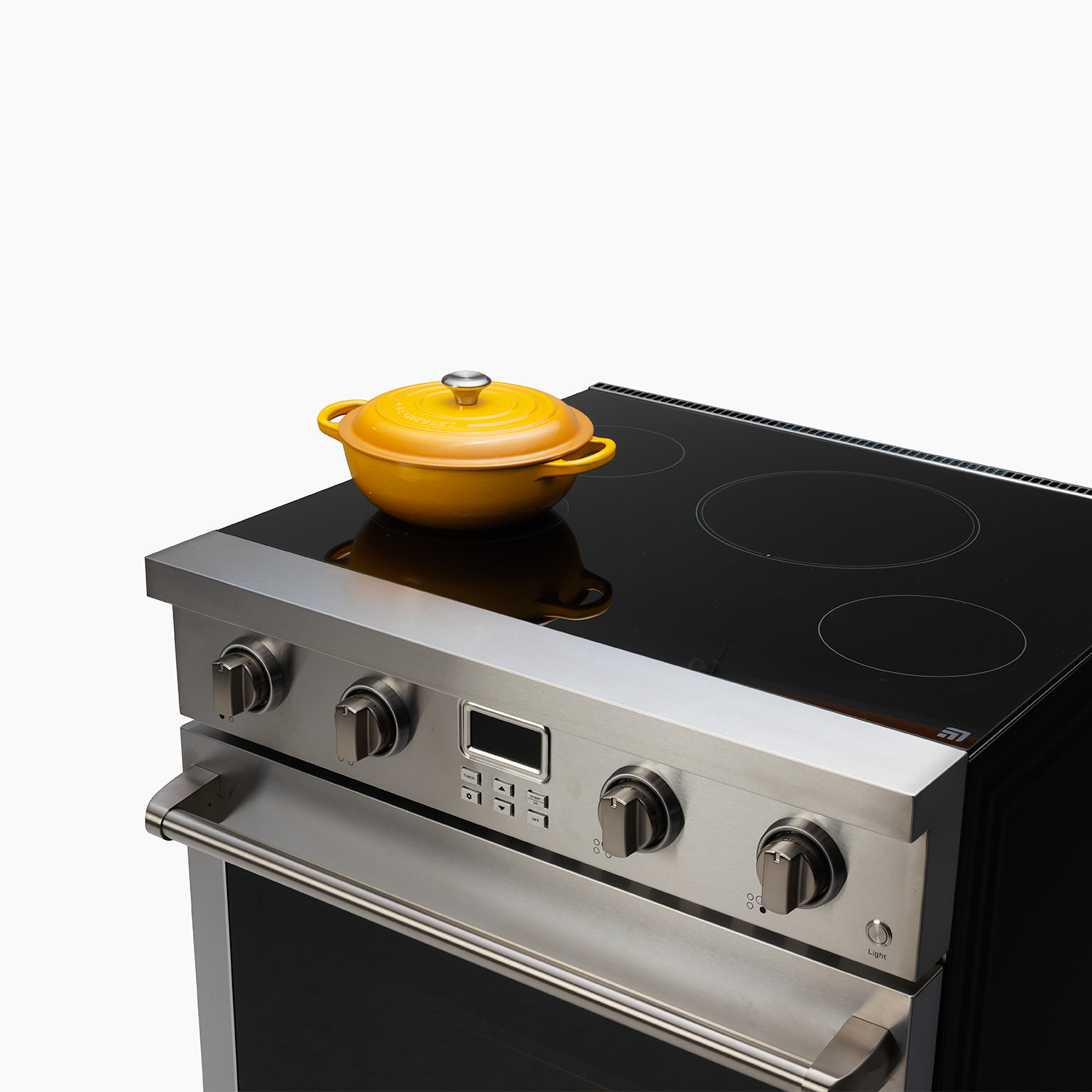 The Electra Induction stove with a yellow enameled cast iron pot